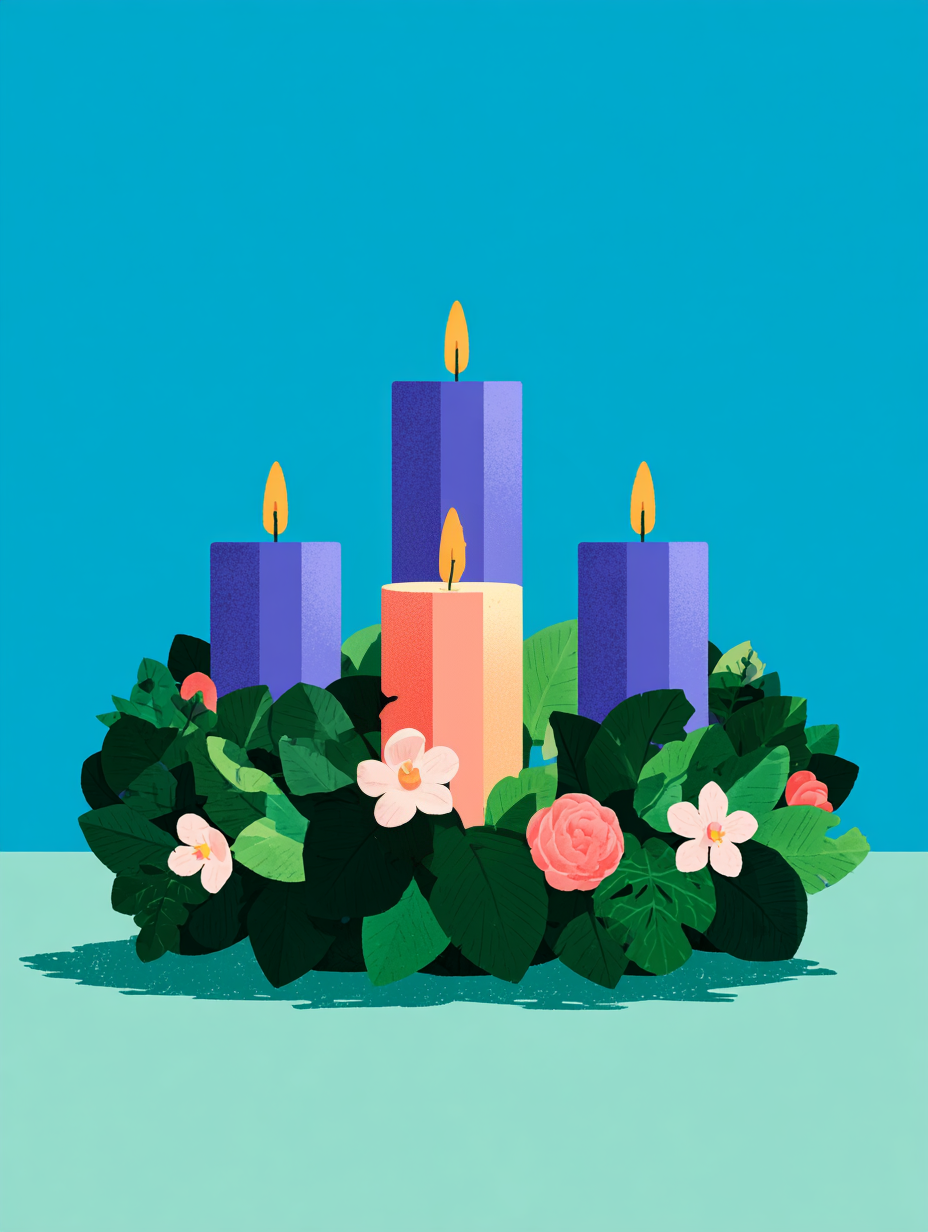 An Advent wreath — three violet candles and one rose, ringed with greenery and flowers