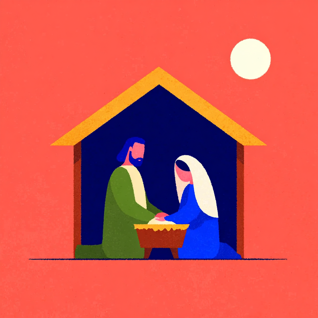 A nativity scene: Mary and Joseph kneeling beside the manger of the Christ child, a star above