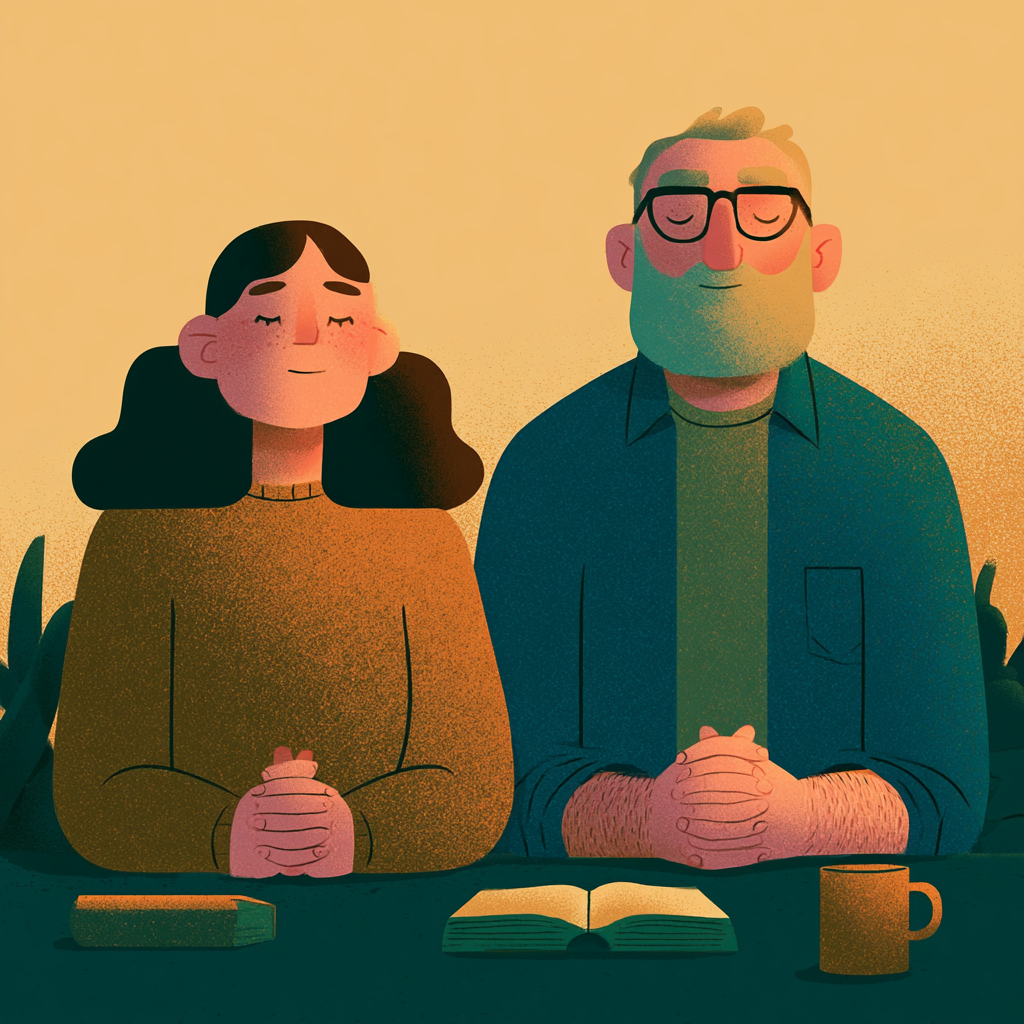A husband and wife praying together at home