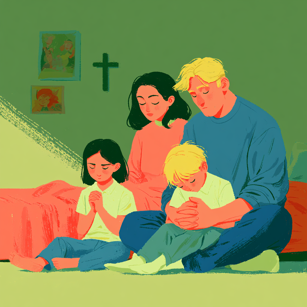 A family praying together at home before lessons