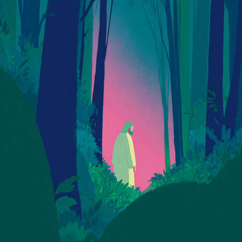 A figure walking with Christ through a quiet green forest