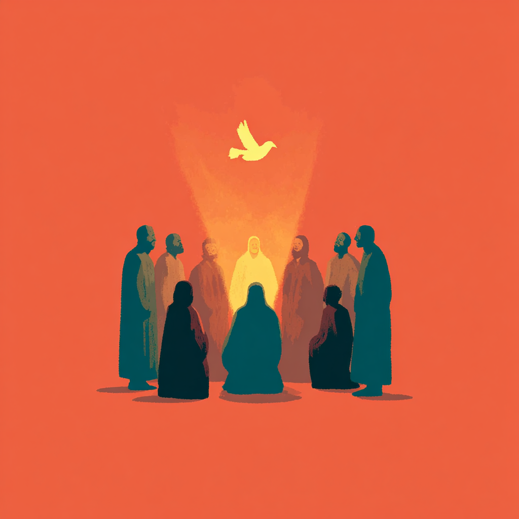The Holy Spirit descending as a dove upon the apostles gathered in prayer